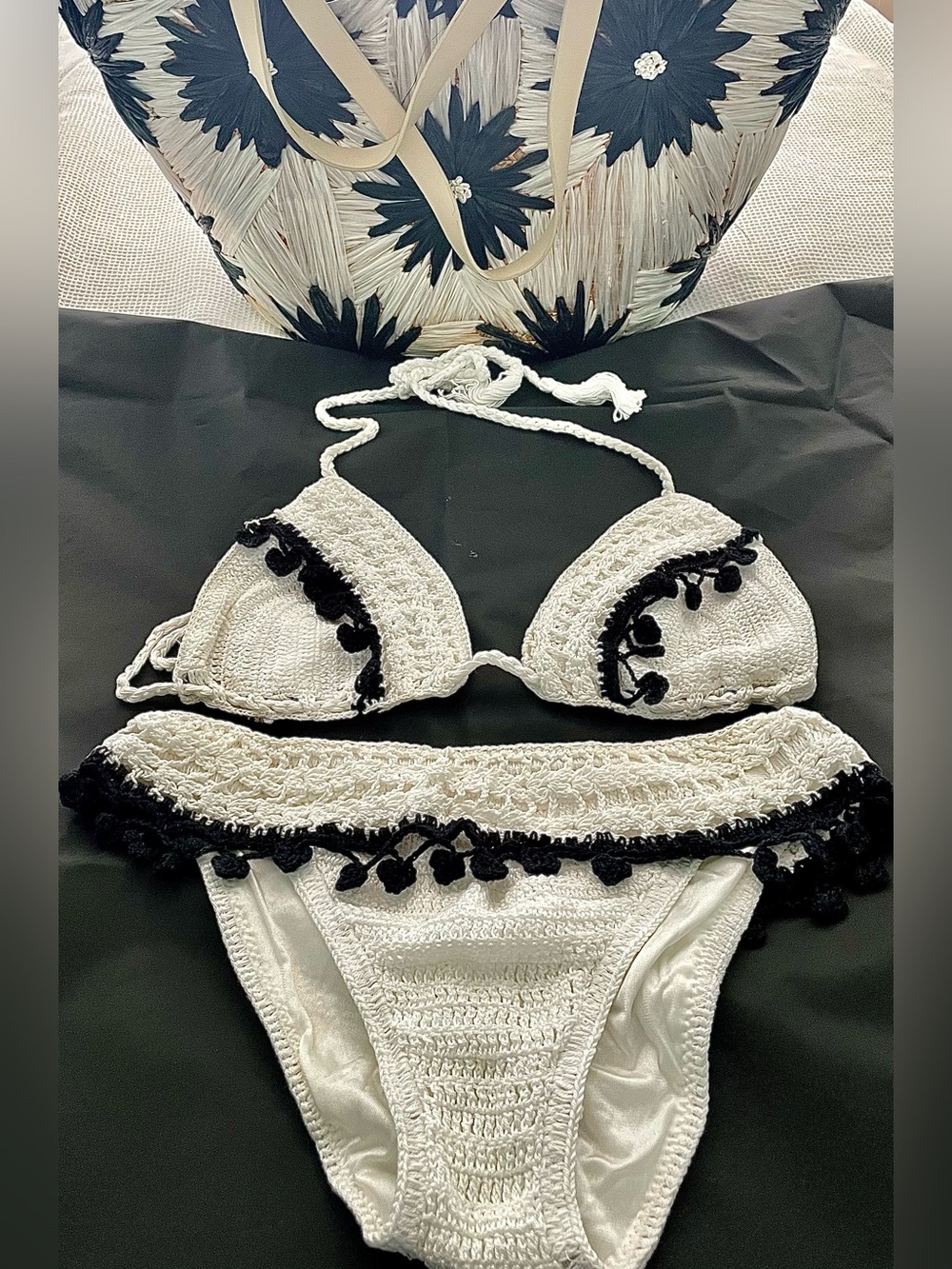 Anna Kosturova white ruffle crochet bikini with black trim